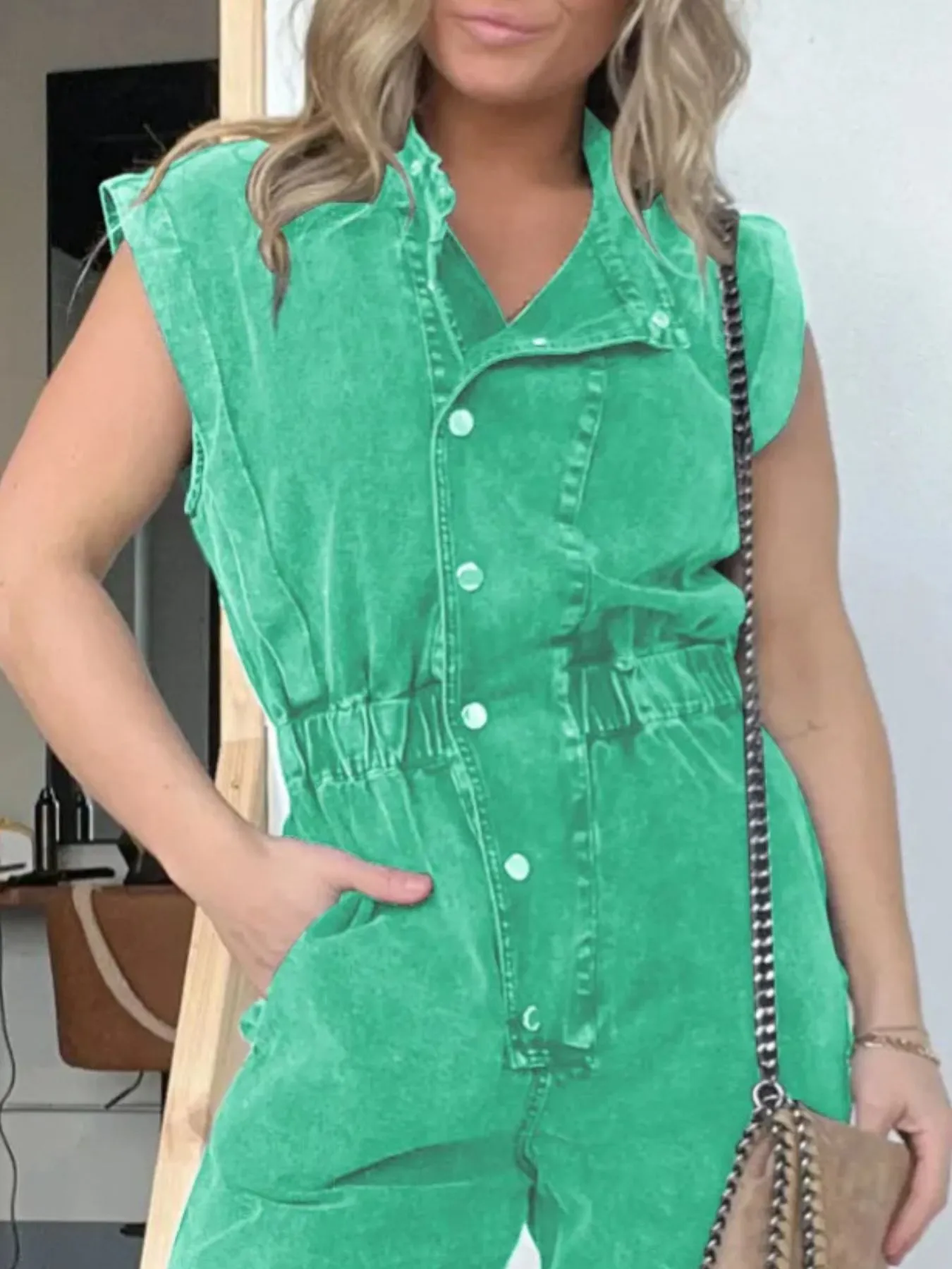 Full Size Button Front Cap Sleeve Denim Jumpsuit Plus Size - Image 16