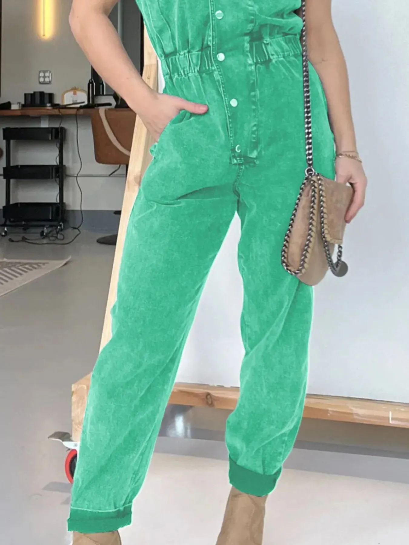 Full Size Button Front Cap Sleeve Denim Jumpsuit Plus Size - Image 17