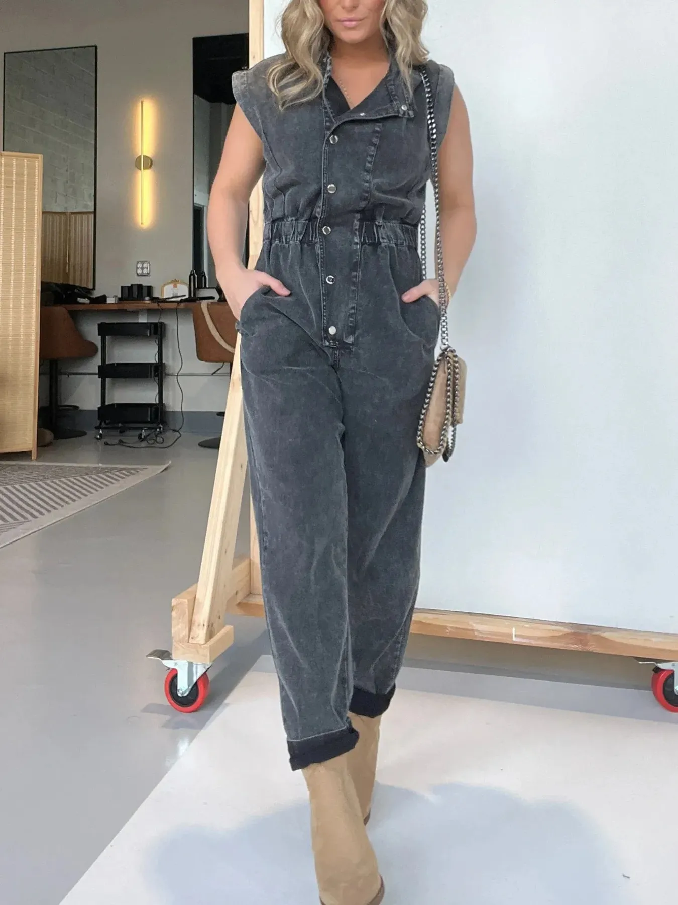 Full Size Button Front Cap Sleeve Denim Jumpsuit Plus Size - Image 2