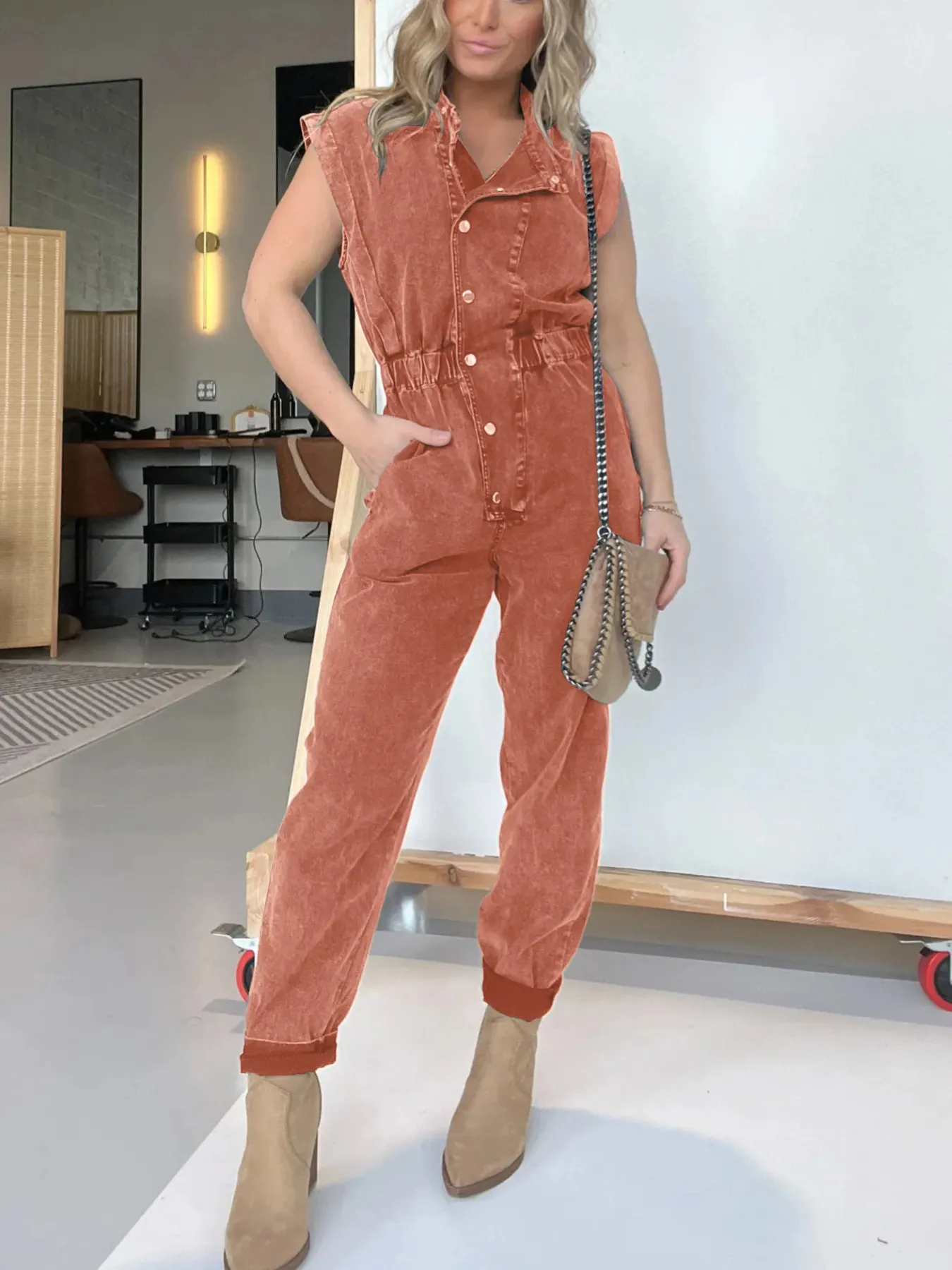 Full Size Button Front Cap Sleeve Denim Jumpsuit Plus Size - Image 9