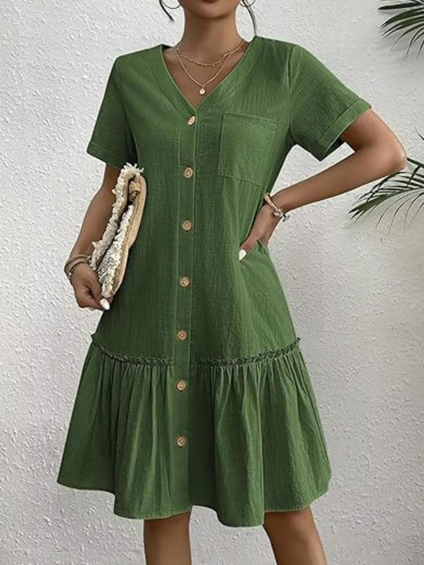 Full Size Button-Front Short Sleeve Tiered Dress Plus Size - Image 15