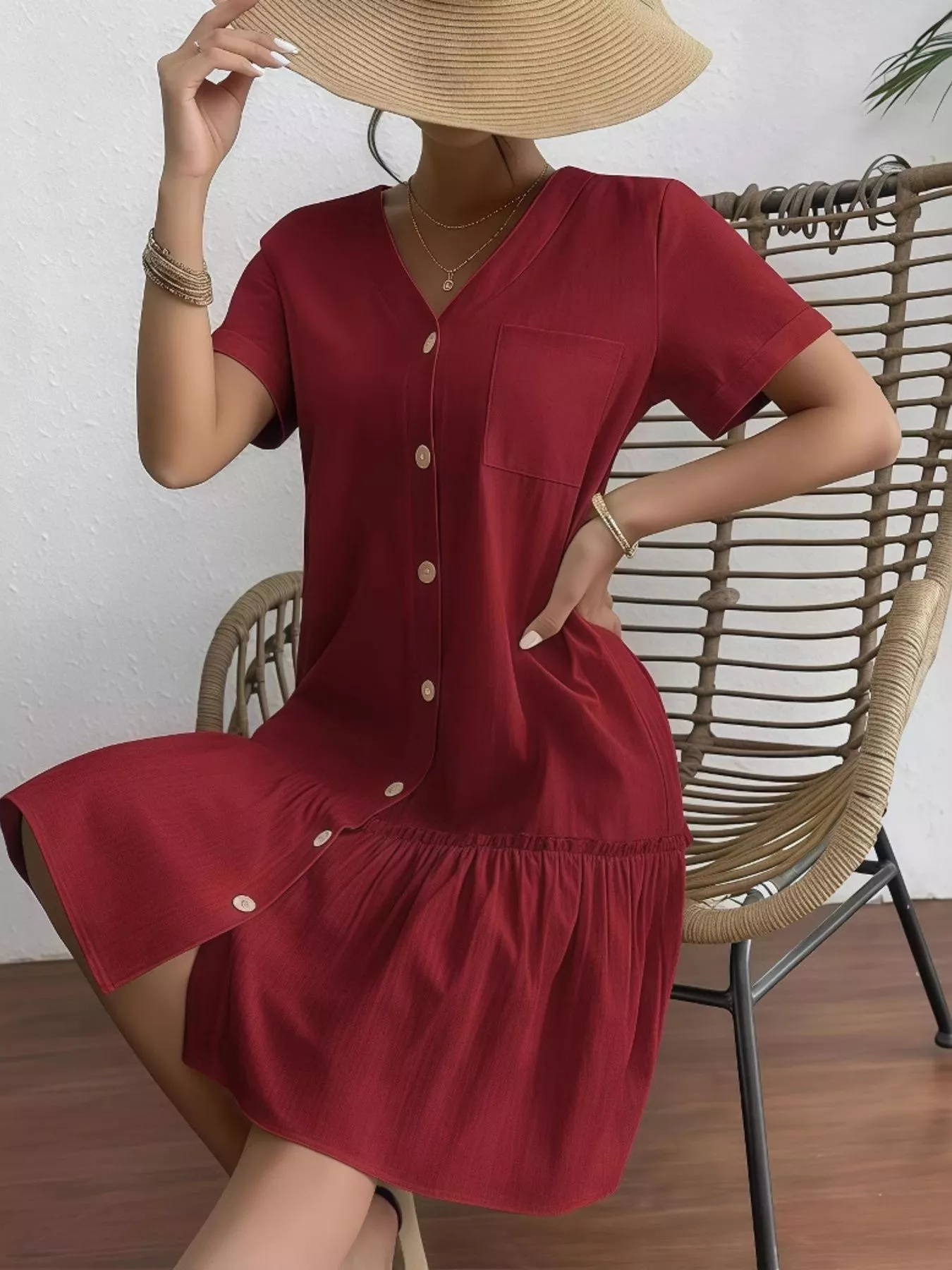 Full Size Button-Front Short Sleeve Tiered Dress Plus Size - Image 16