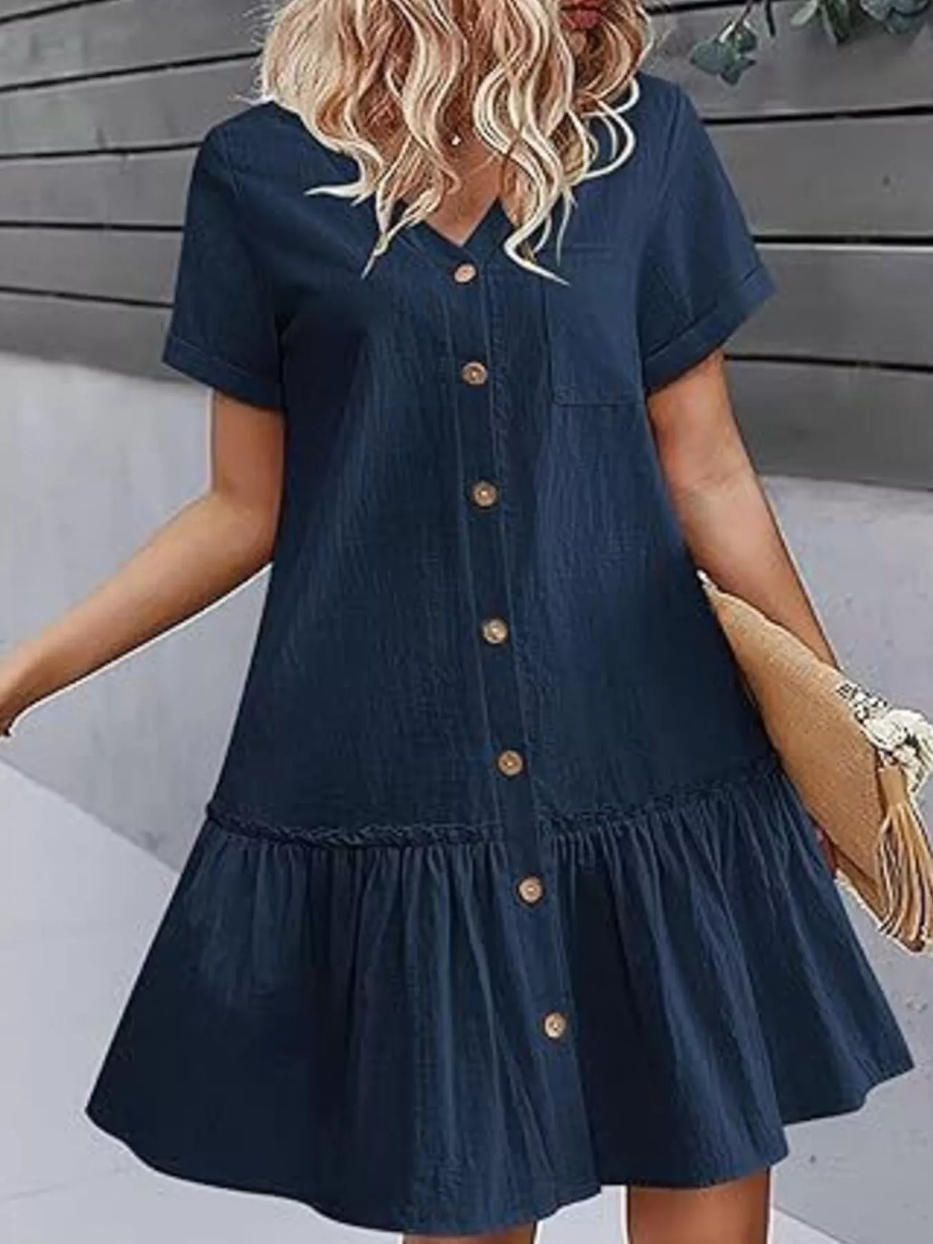 Full Size Button-Front Short Sleeve Tiered Dress Plus Size - Image 19