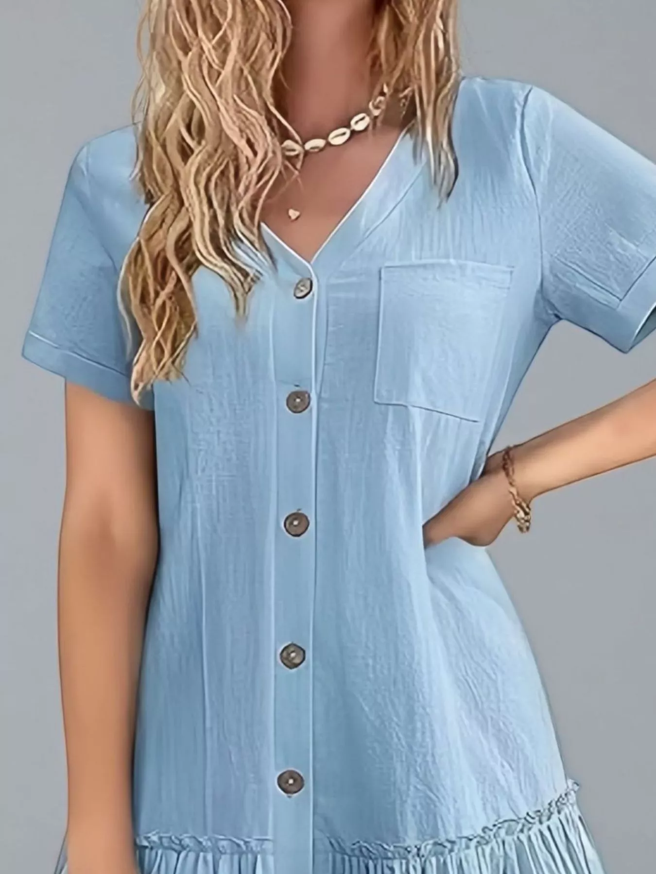 Full Size Button-Front Short Sleeve Tiered Dress Plus Size - Image 23