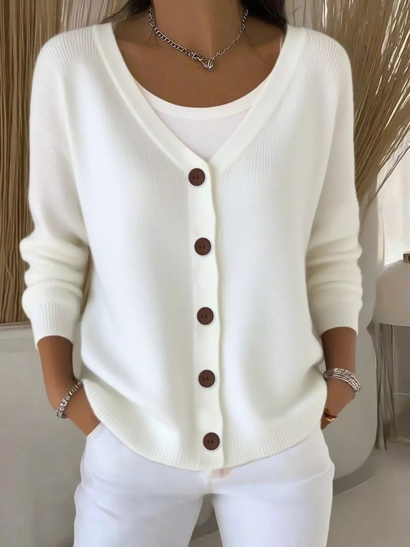 Full Size Button-Front V-Neck Cardigan Plus Size - Image 13
