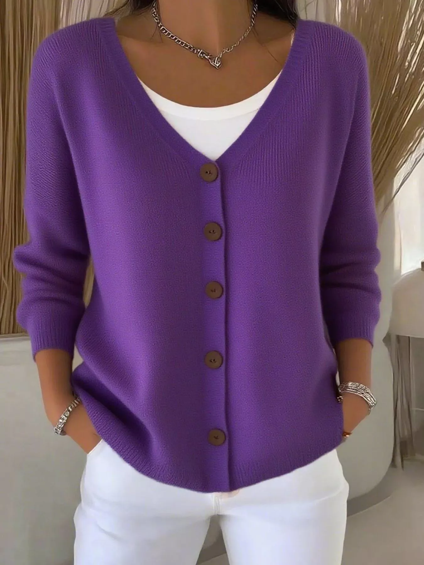Full Size Button-Front V-Neck Cardigan Plus Size - Image 16