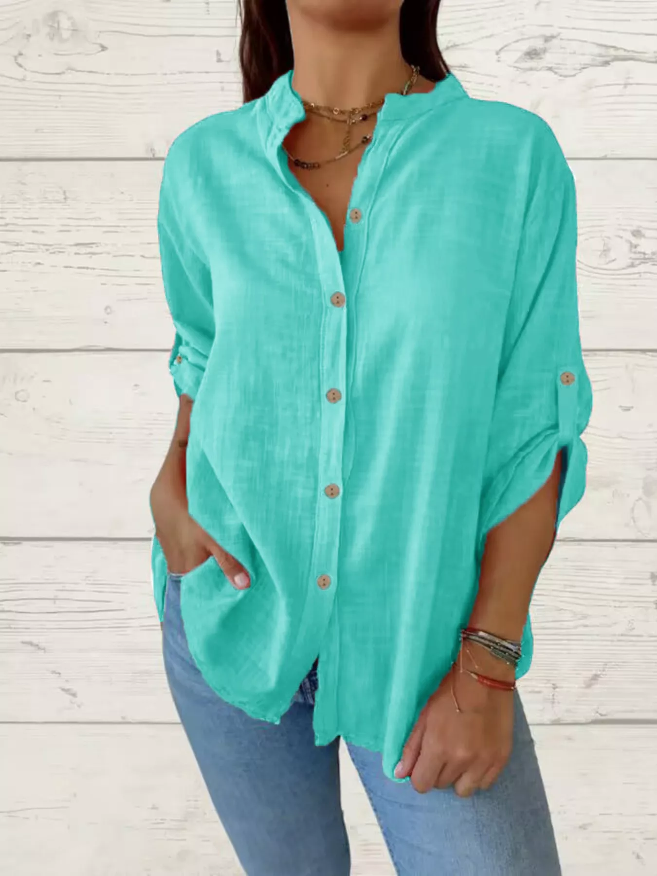 Full Size Casual Button-Down Roll-Up Sleeve Shirt Plus Size - Image 3