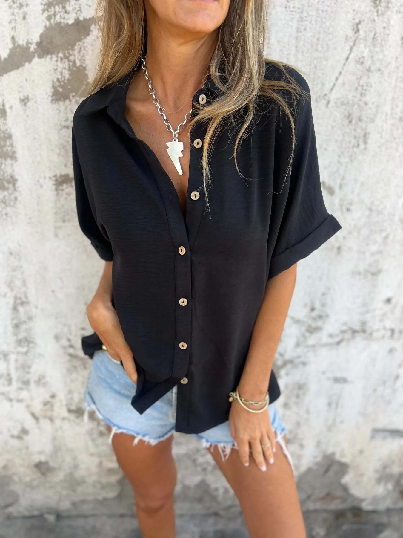 Full Size Casual Button Down Short Sleeve Loose Shirt Plus Size - Image 4