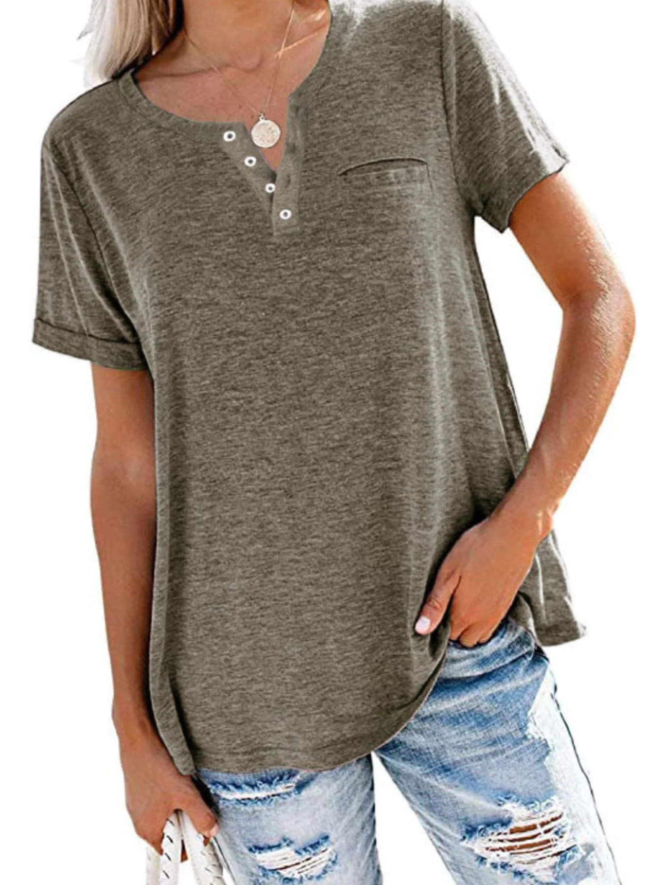 Full Size Casual Button-Front Pocket T-Shirt Plus Size - Image 11