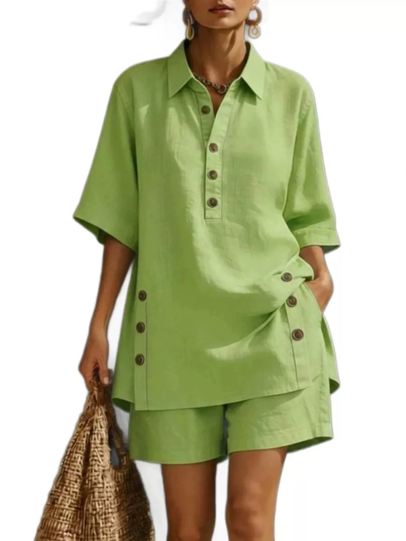 Full Size Casual Linen Button-Down Shirt & Shorts Set Plus Size - Image 7
