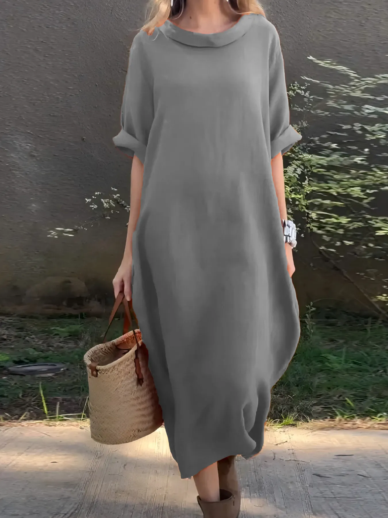 Full Size Casual Loose Fit Round Neck Midi Dress Plus Size - Image 7