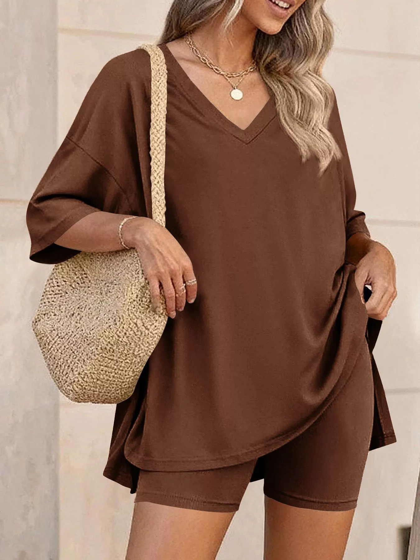 Full Size Casual Loose V-Neck T-Shirt & Shorts Set Plus Size - Image 15