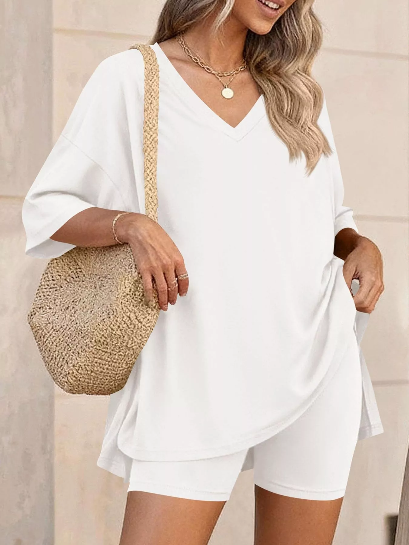Full Size Casual Loose V-Neck T-Shirt & Shorts Set Plus Size - Image 2