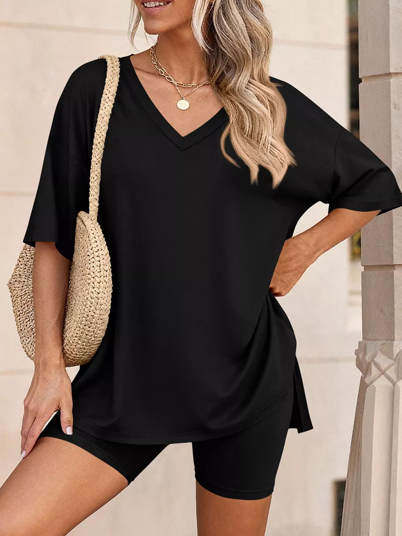 Full Size Casual Loose V-Neck T-Shirt & Shorts Set Plus Size - Image 7