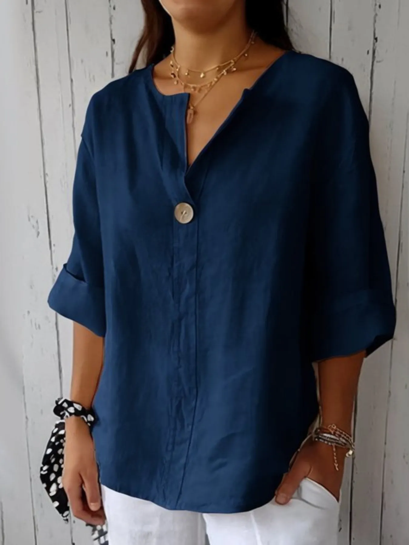 Full Size Casual Notched Drop Shoulder Blouse Plus Size - Image 7