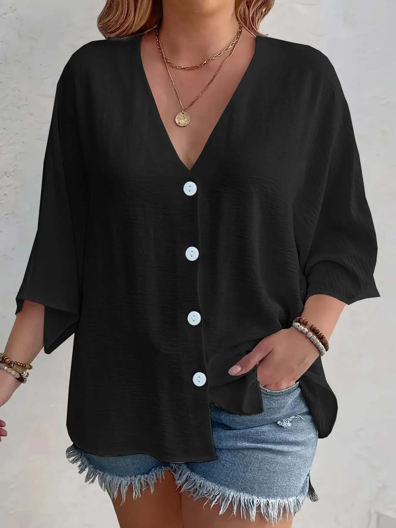 Full Size Casual V-Neck Button Down Relaxed Fit Blouse Plus Size - Image 10