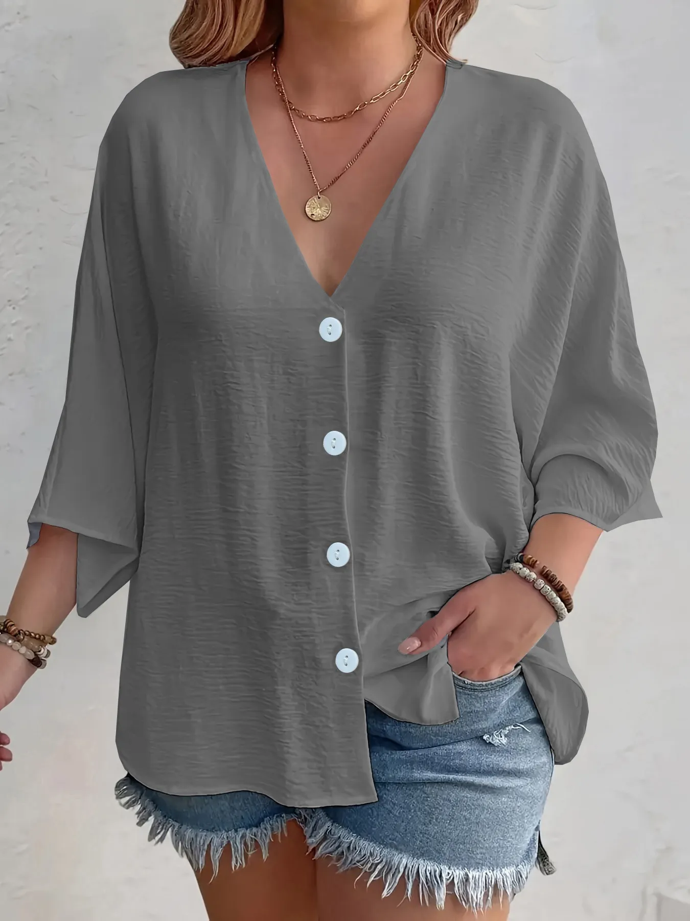 Full Size Casual V-Neck Button Down Relaxed Fit Blouse Plus Size - Image 13