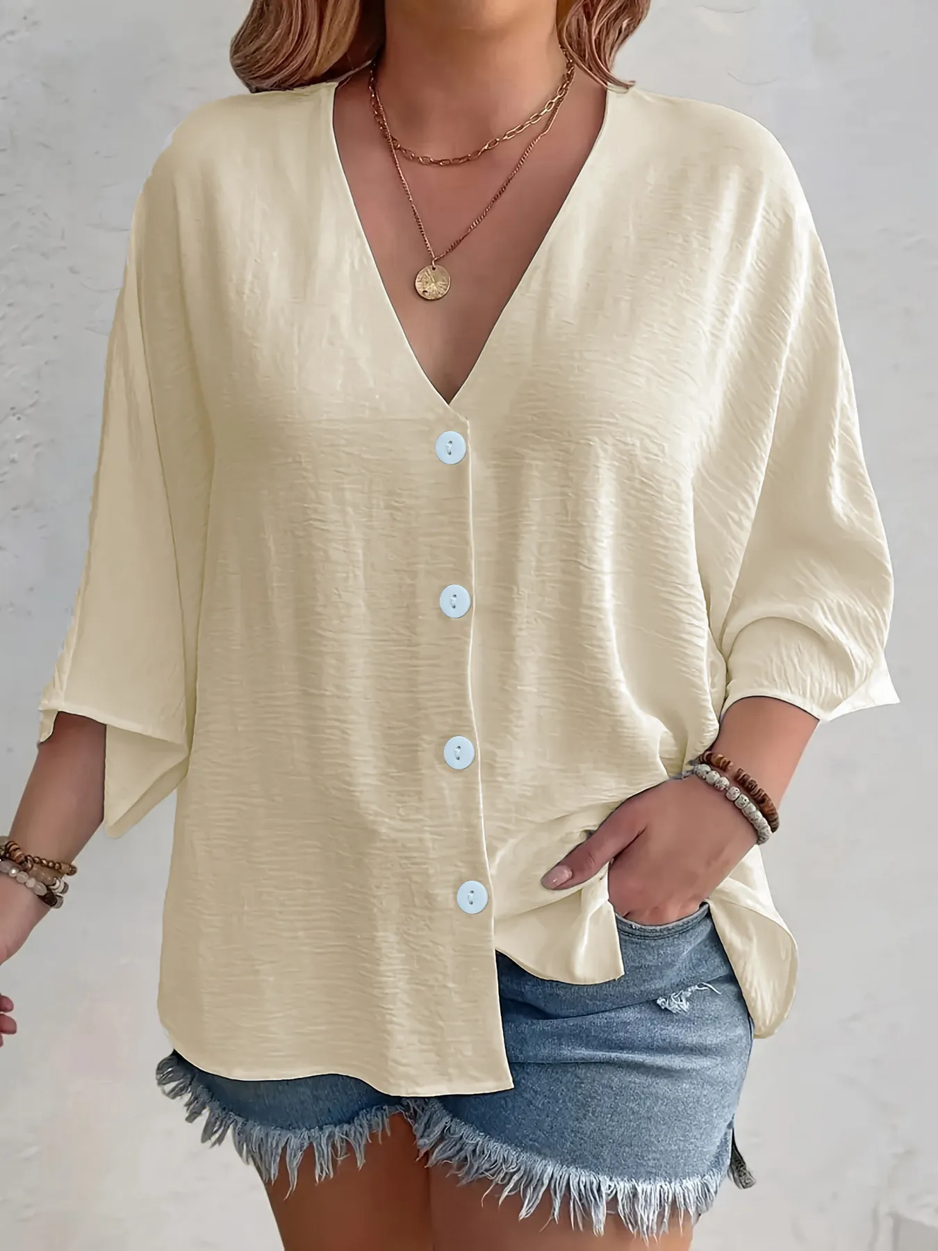 Full Size Casual V-Neck Button Down Relaxed Fit Blouse Plus Size - Image 7