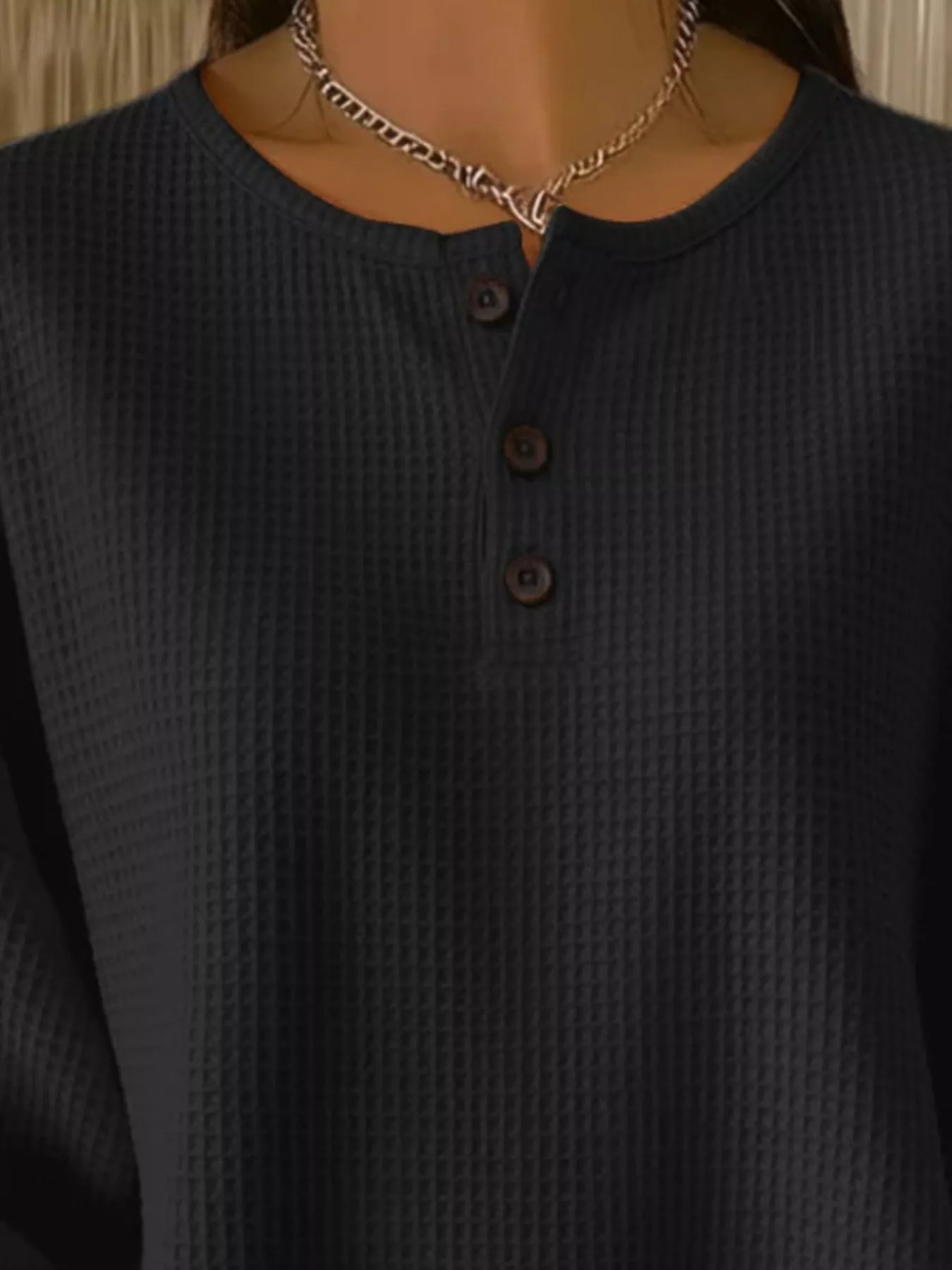 Full Size Casual Waffle Knit Button Detail Pullover Plus Size - Image 11
