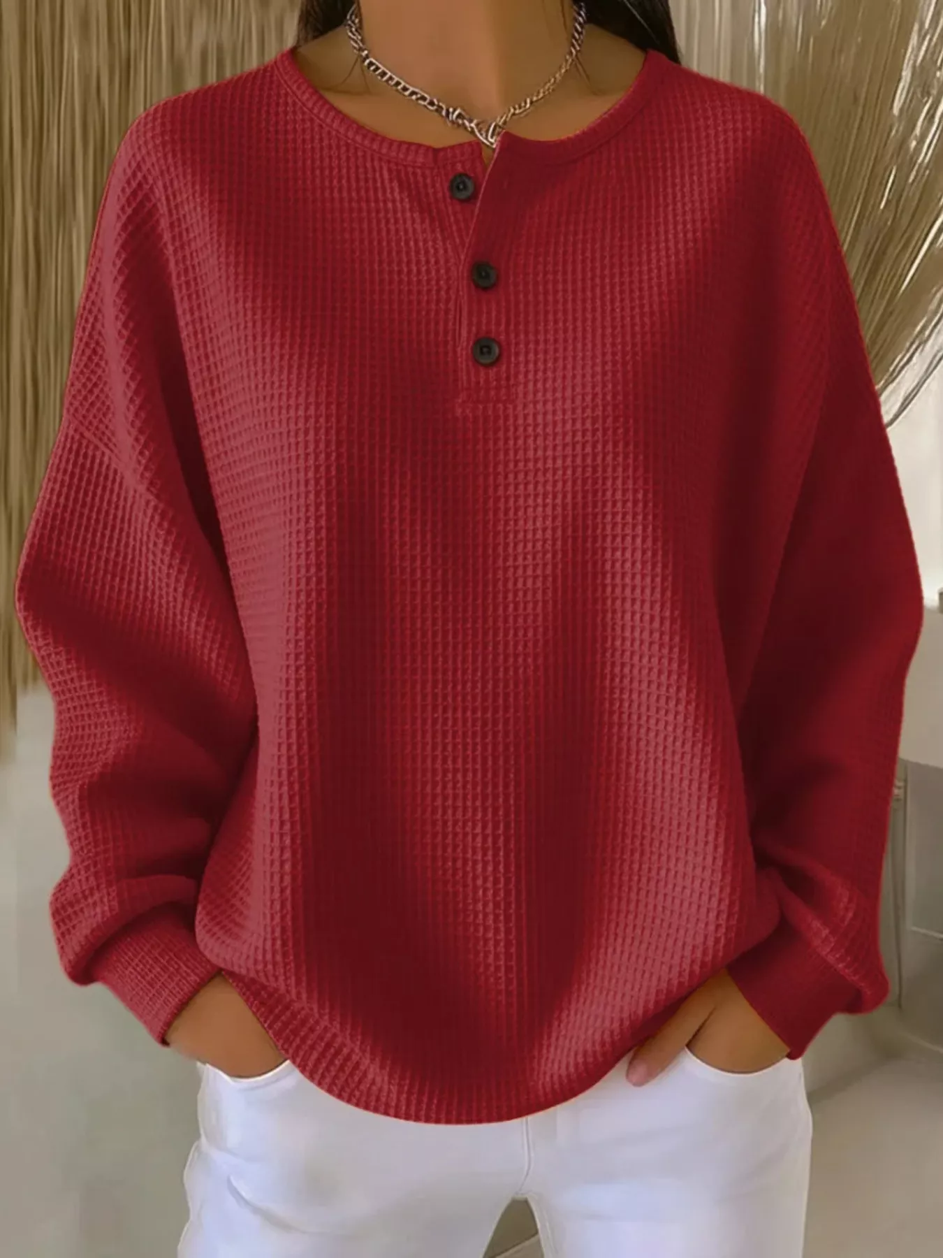 Full Size Casual Waffle Knit Button Detail Pullover Plus Size - Image 13