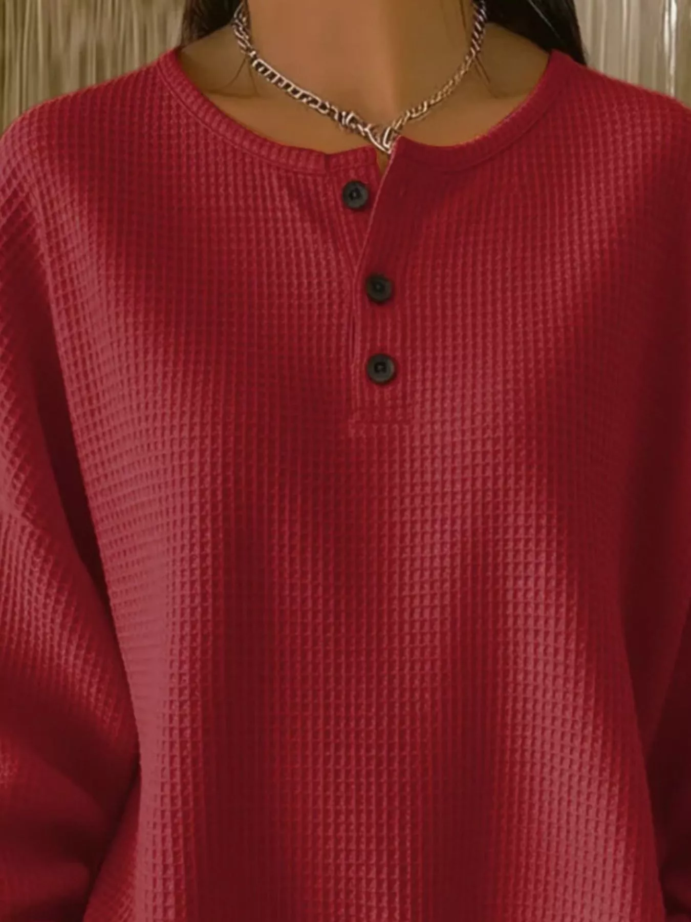 Full Size Casual Waffle Knit Button Detail Pullover Plus Size - Image 14