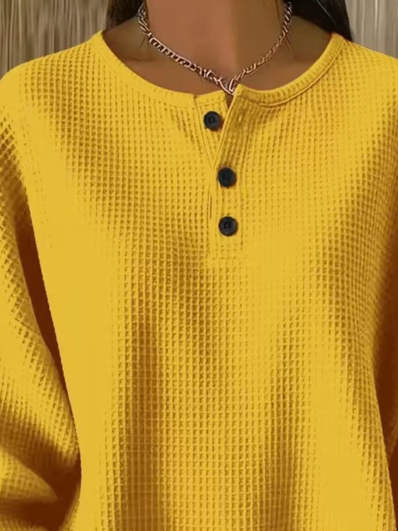 Full Size Casual Waffle Knit Button Detail Pullover Plus Size - Image 2