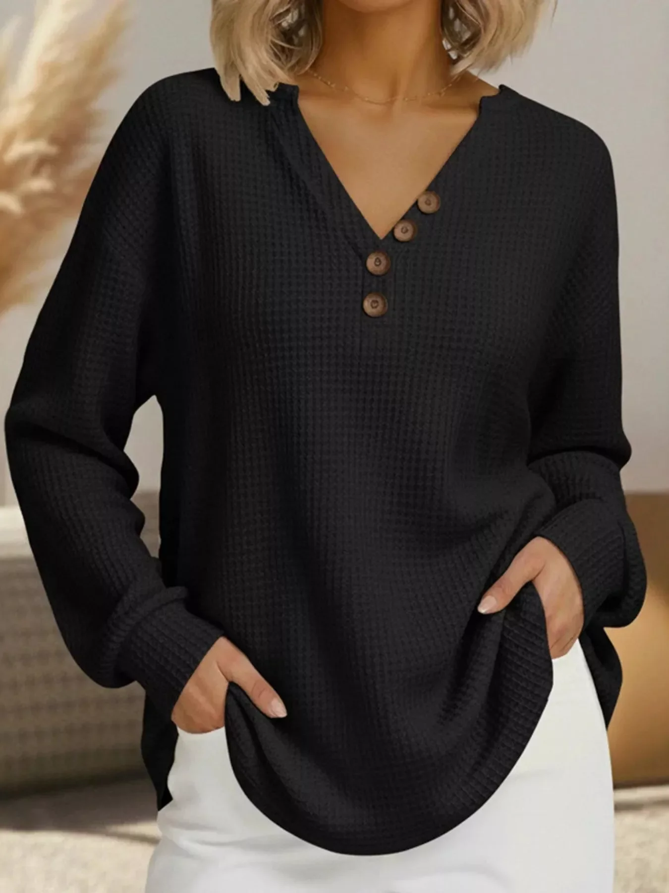 Full Size Casual Waffle Knit Long Sleeve T-Shirt Plus Size - Image 7