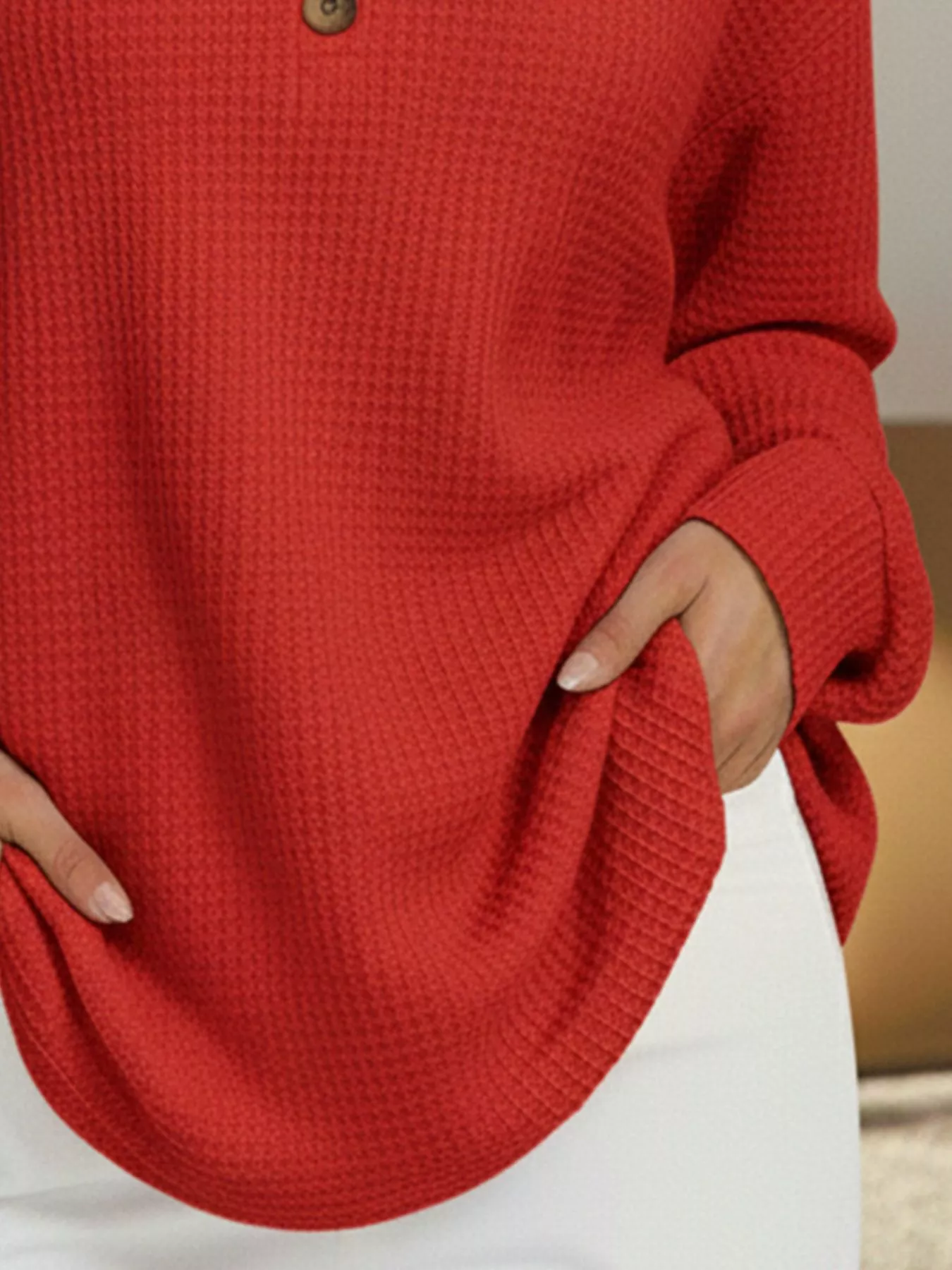 Full Size Casual Waffle Knit V-Neck Long Sleeve T-Shirt Plus Size - Image 3