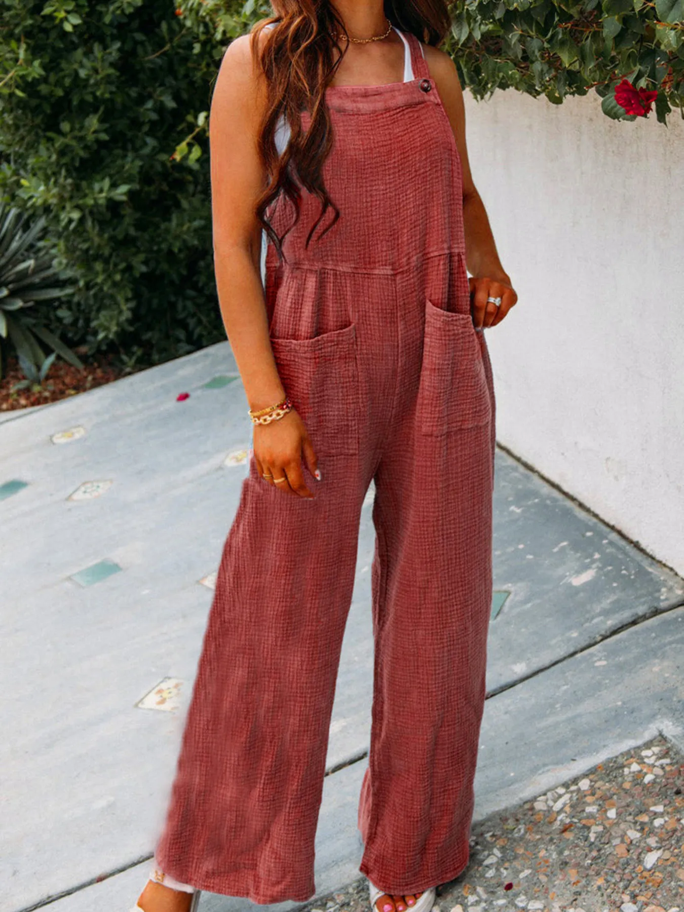 Full Size Casual Wide Leg Textured Overalls Plus Size - Image 18