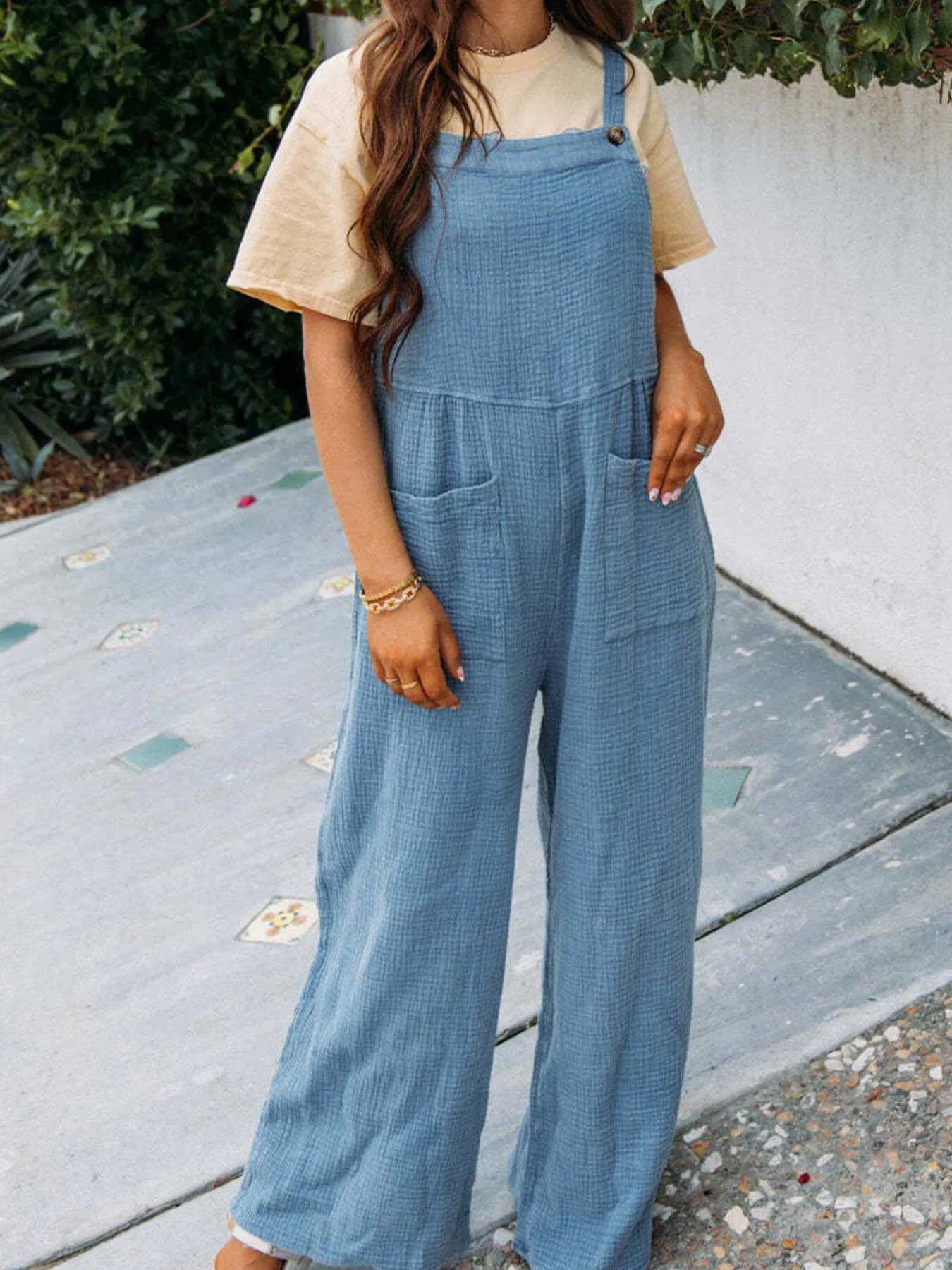 Full Size Casual Wide Leg Textured Overalls Plus Size - Image 3