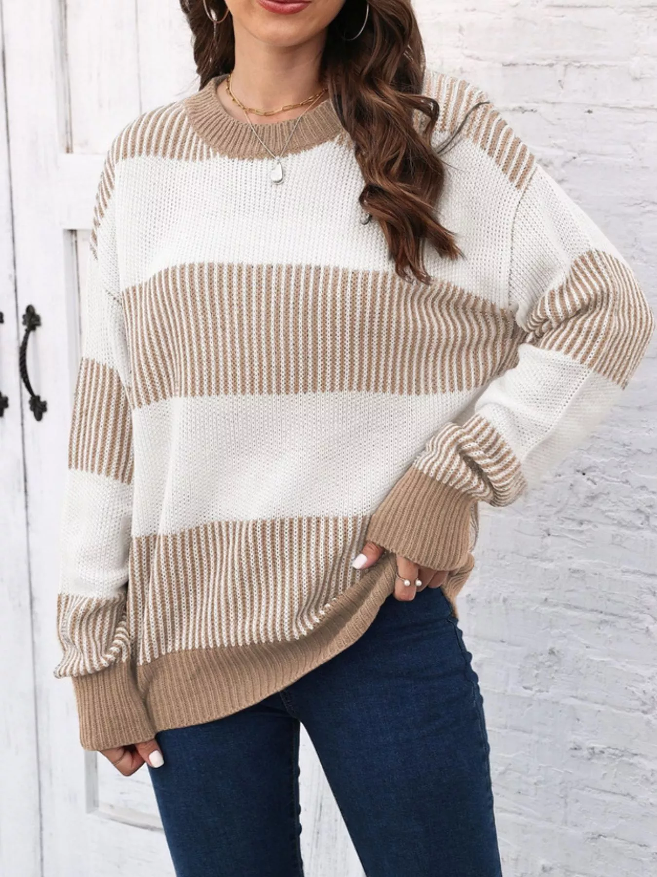 Full Size Color Block Dropped Shoulder Sweater Plus Size - Image 8