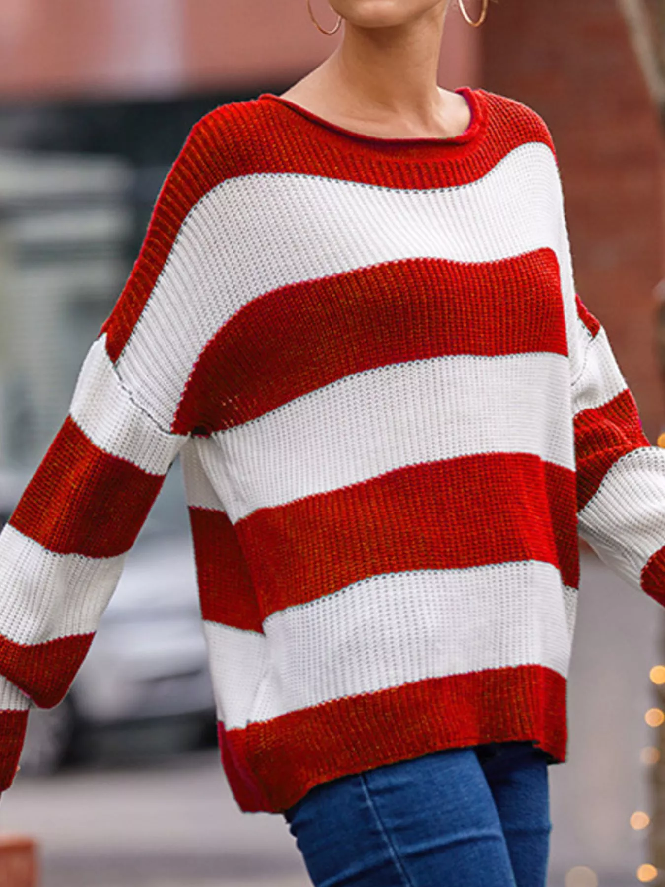 Full Size Contrast Striped Round Neck Sweater Plus Size - Image 3