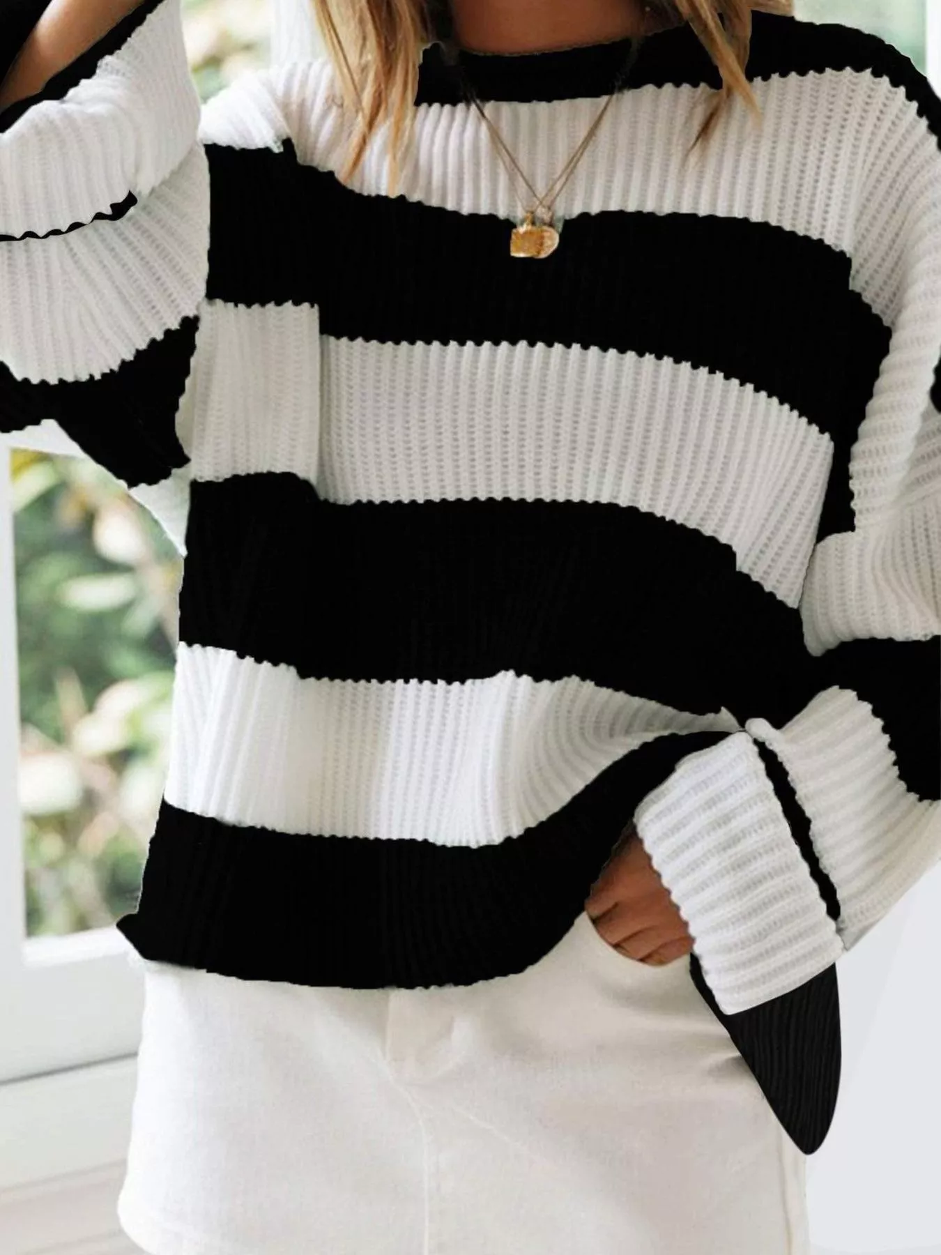 Full Size Contrast Striped Round Neck Sweater Plus Size - Image 4