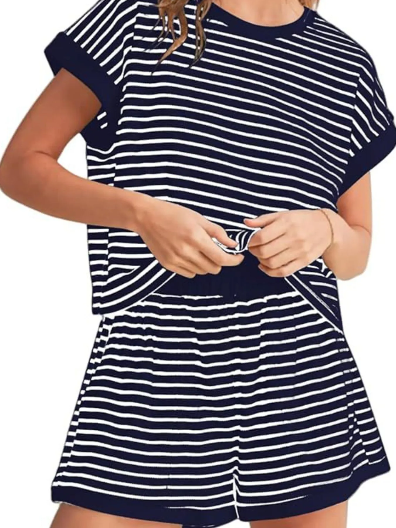 Full Size Contrast Striped T-Shirt and Shorts Set Plus Size - Image 10