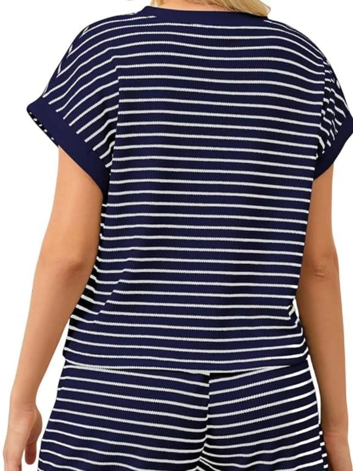 Full Size Contrast Striped T-Shirt and Shorts Set Plus Size - Image 12