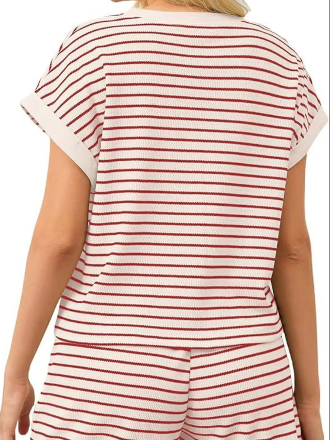 Full Size Contrast Striped T-Shirt and Shorts Set Plus Size - Image 5