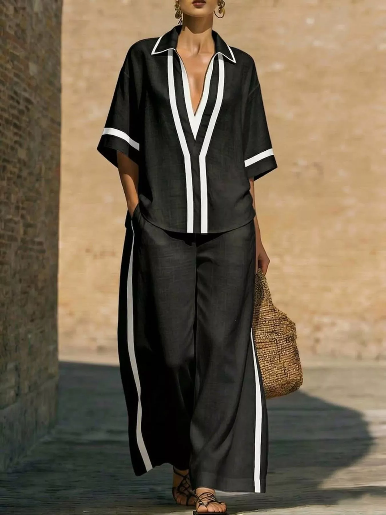 Full Size Contrast Trim Top and Pants Set Plus Size - Image 3
