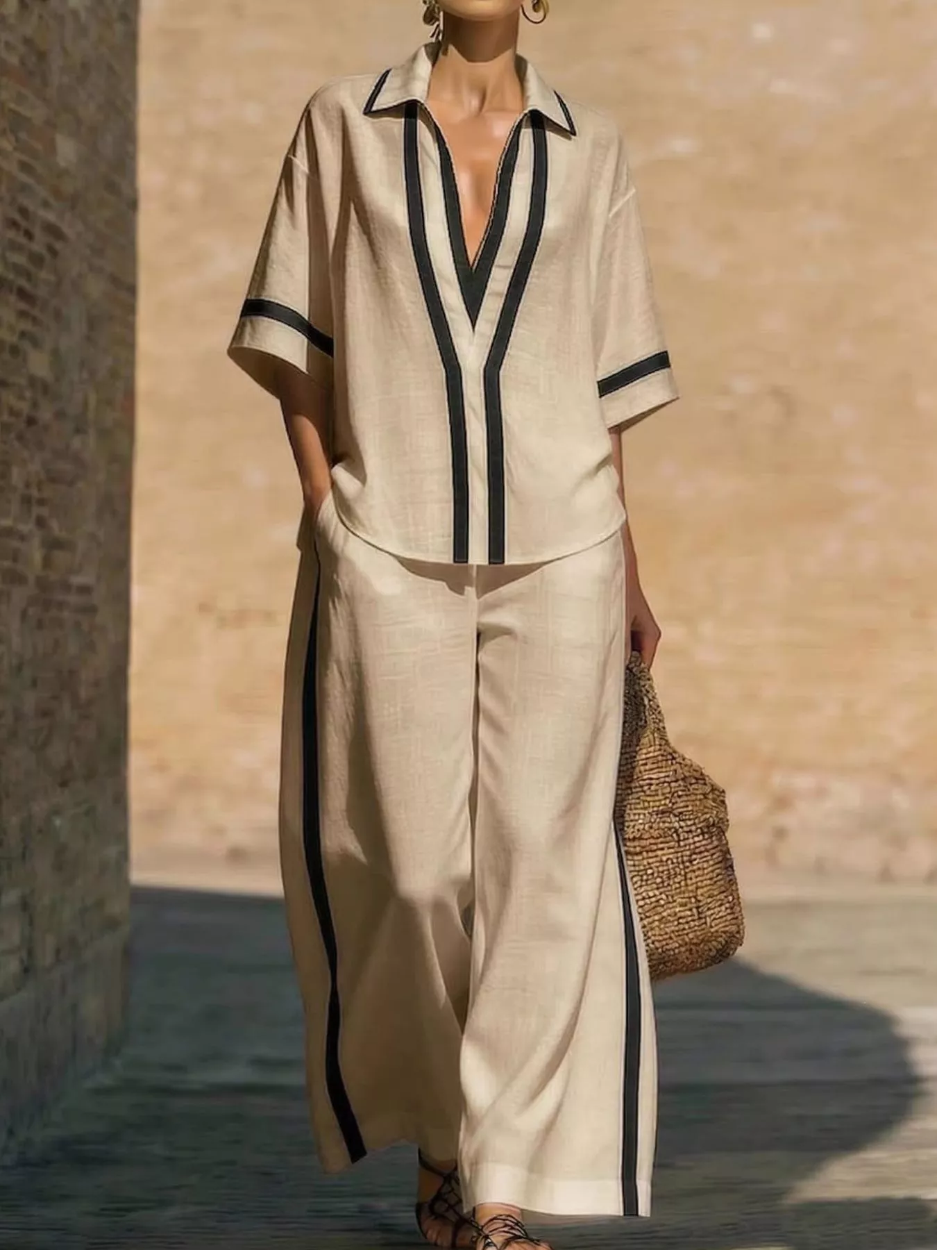 Full Size Contrast Trim Top and Pants Set Plus Size - Image 6