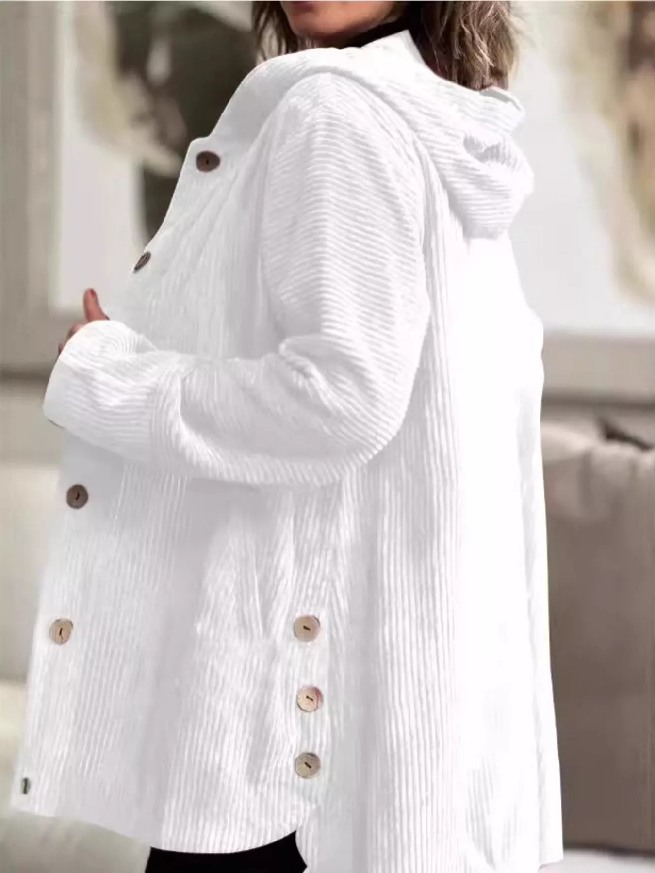 Full Size Corduroy Button Up Hooded Jacket Plus Size - Image 4