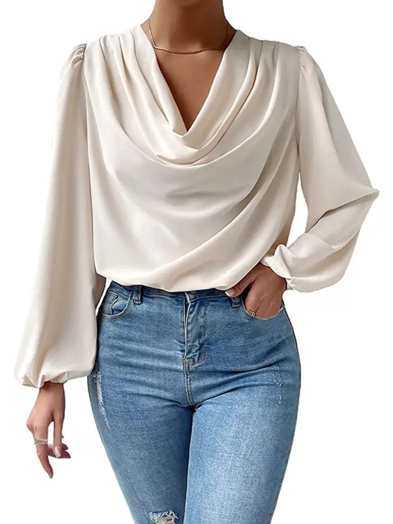 Full Size Cowl Neck Balloon Sleeve Blouse Plus Size - Image 6
