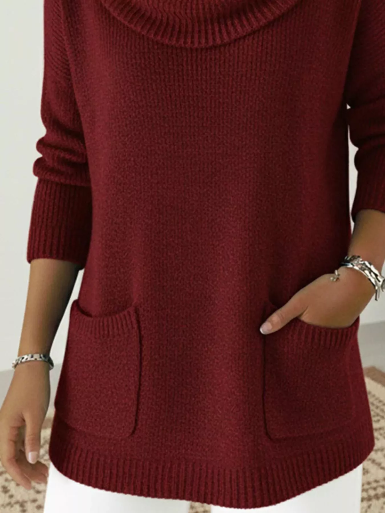 Full Size Cowl Neck Long Sleeve Sweater with Pockes Plus Size - Image 4