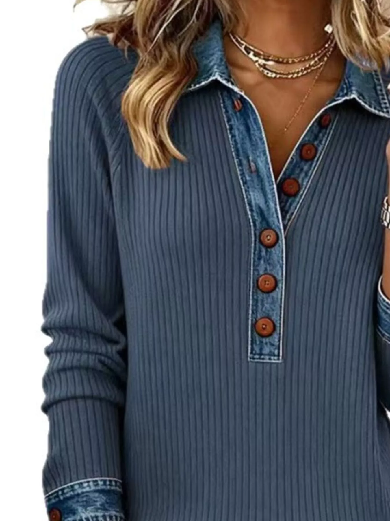 Full Size Denim Trim Button Front Ribbed Knit Top Plus Size - Image 10