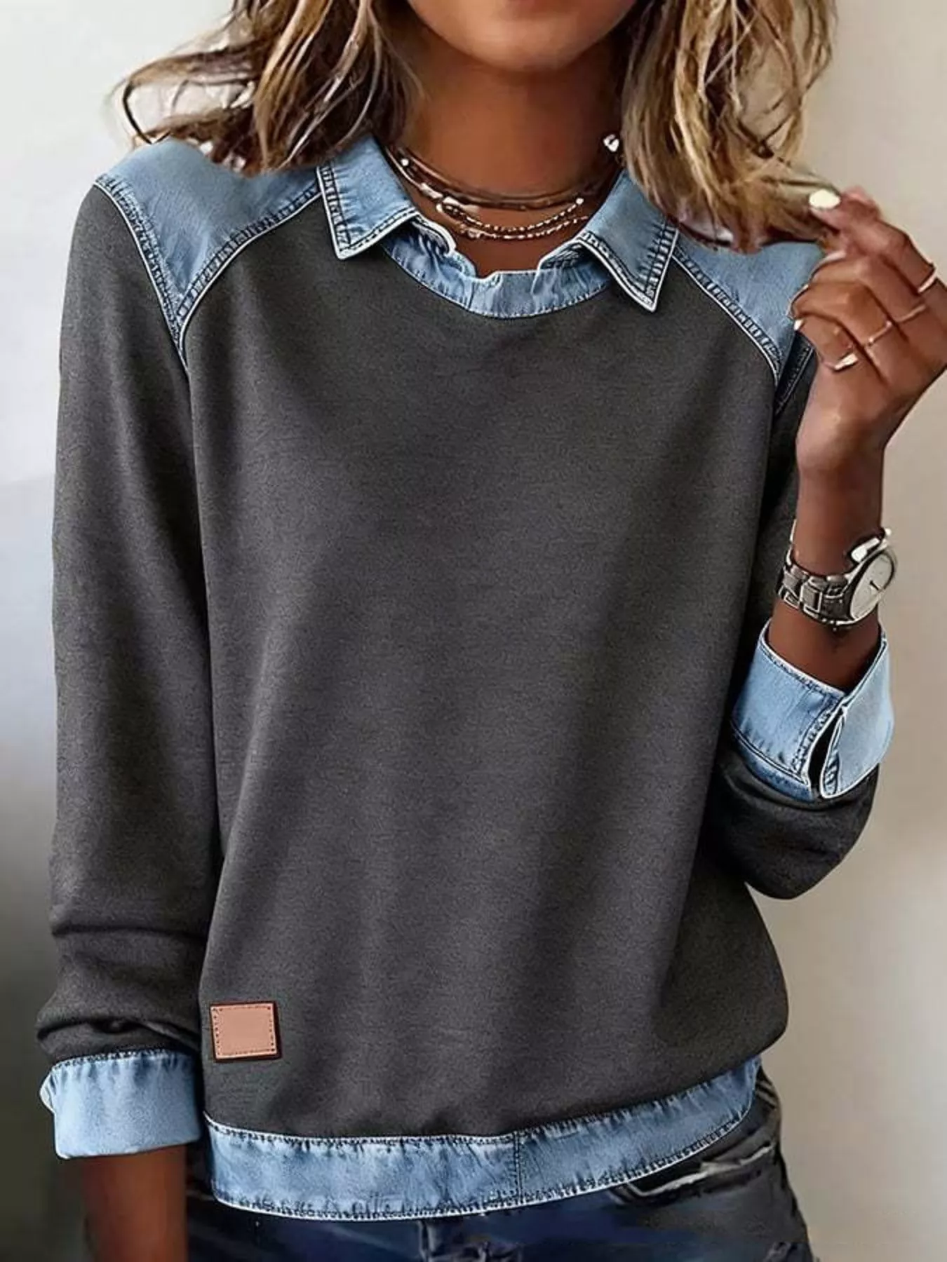 Full Size Denim Trim Long Sleeve Top Plus Size - Image 7