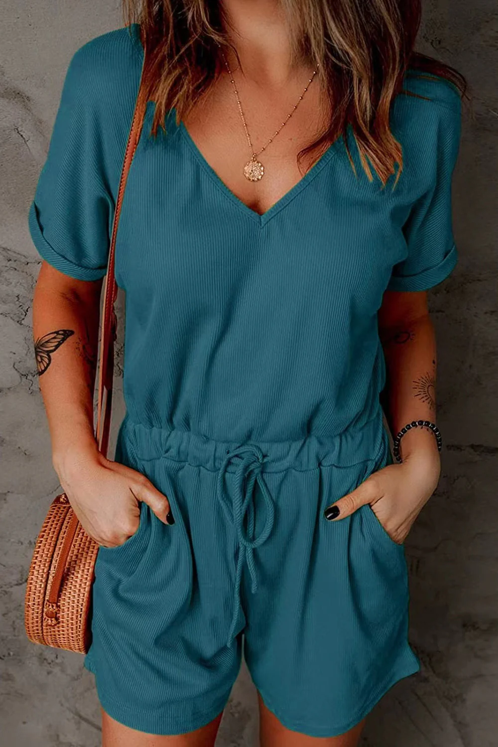 Full Size Drawstring V-Neck Short Sleeve Romper - Image 18
