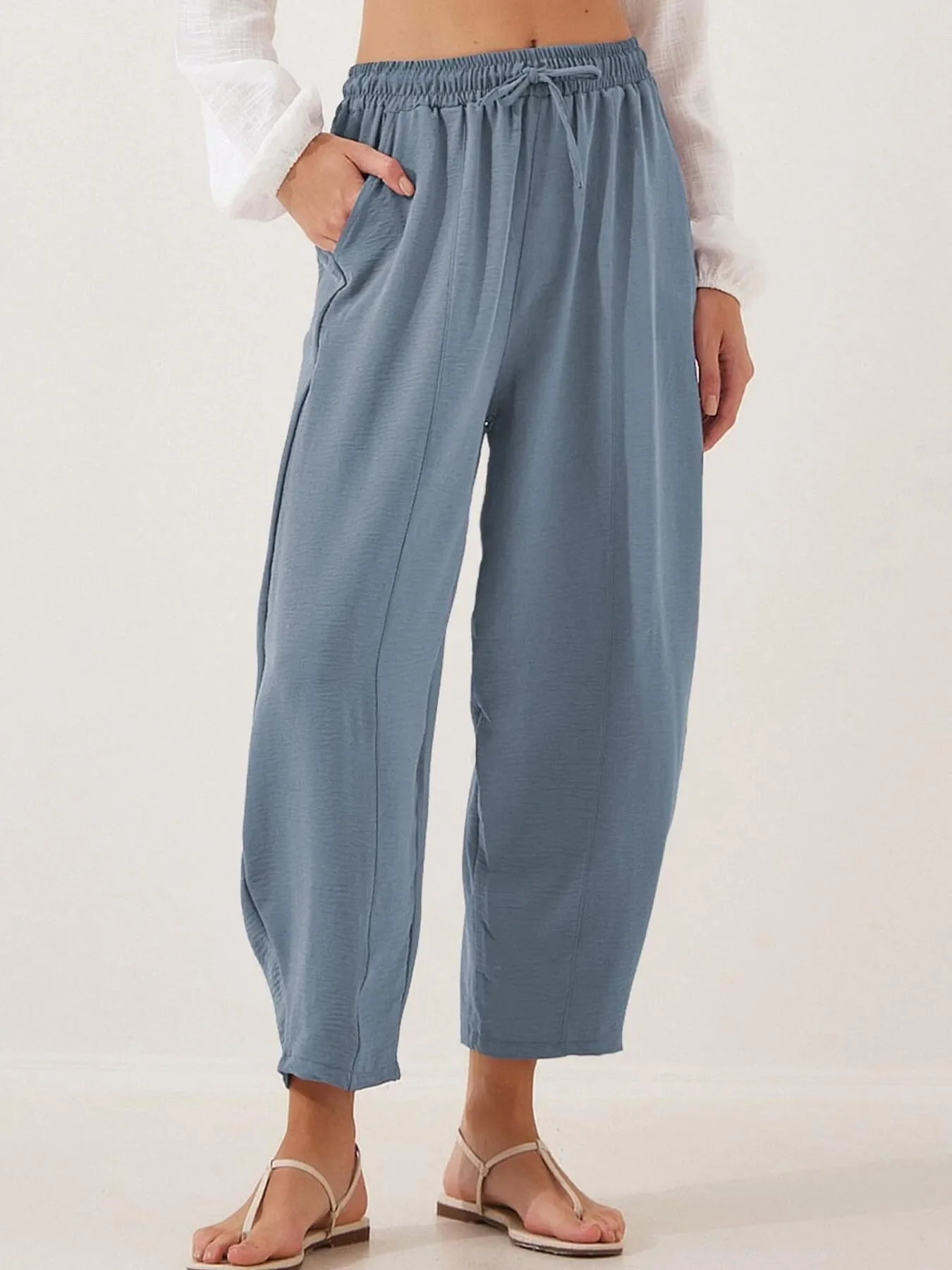 Full Size Drawstring Wide Leg Cropped Pants Plus Size - Image 22