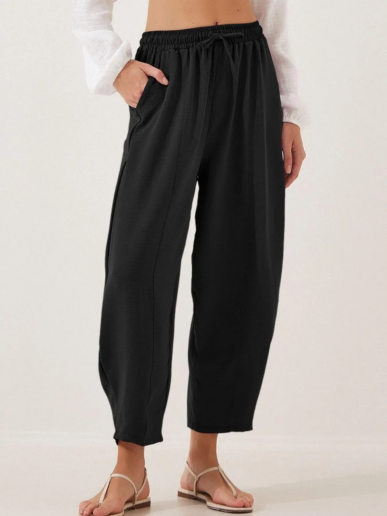 Full Size Drawstring Wide Leg Cropped Pants Plus Size - Image 5