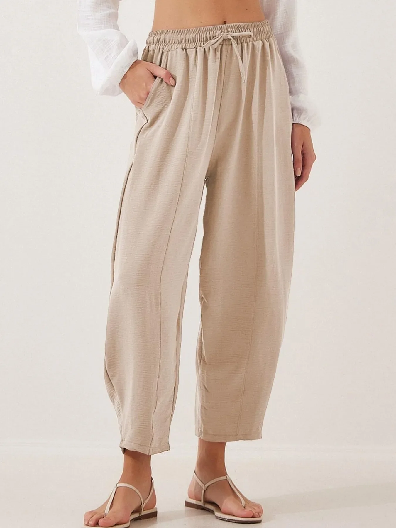 Full Size Drawstring Wide Leg Cropped Pants Plus Size - Image 7