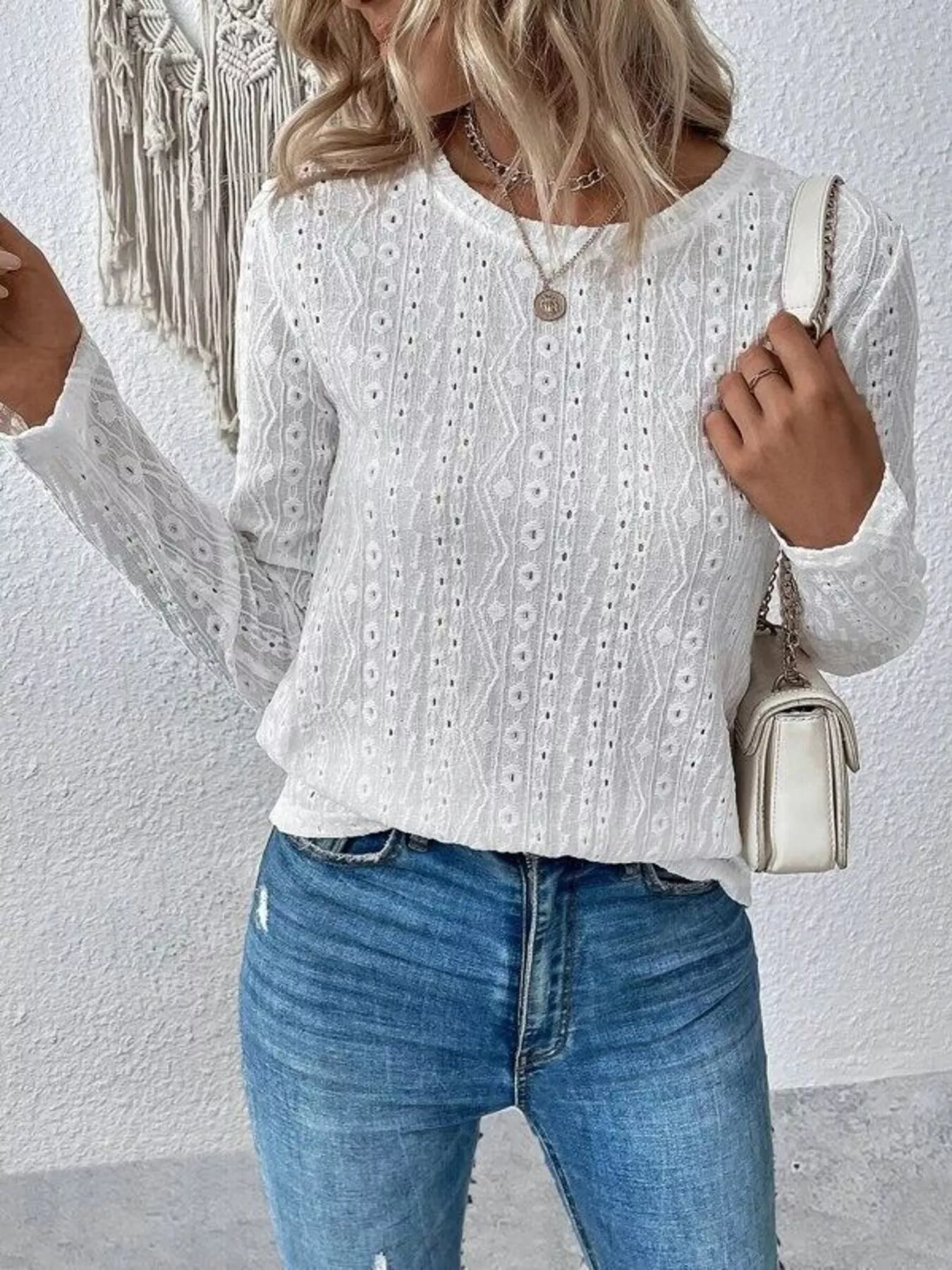 Full Size Eyelet Round Neck Long Sleeve Blouse Plus Size - Image 5