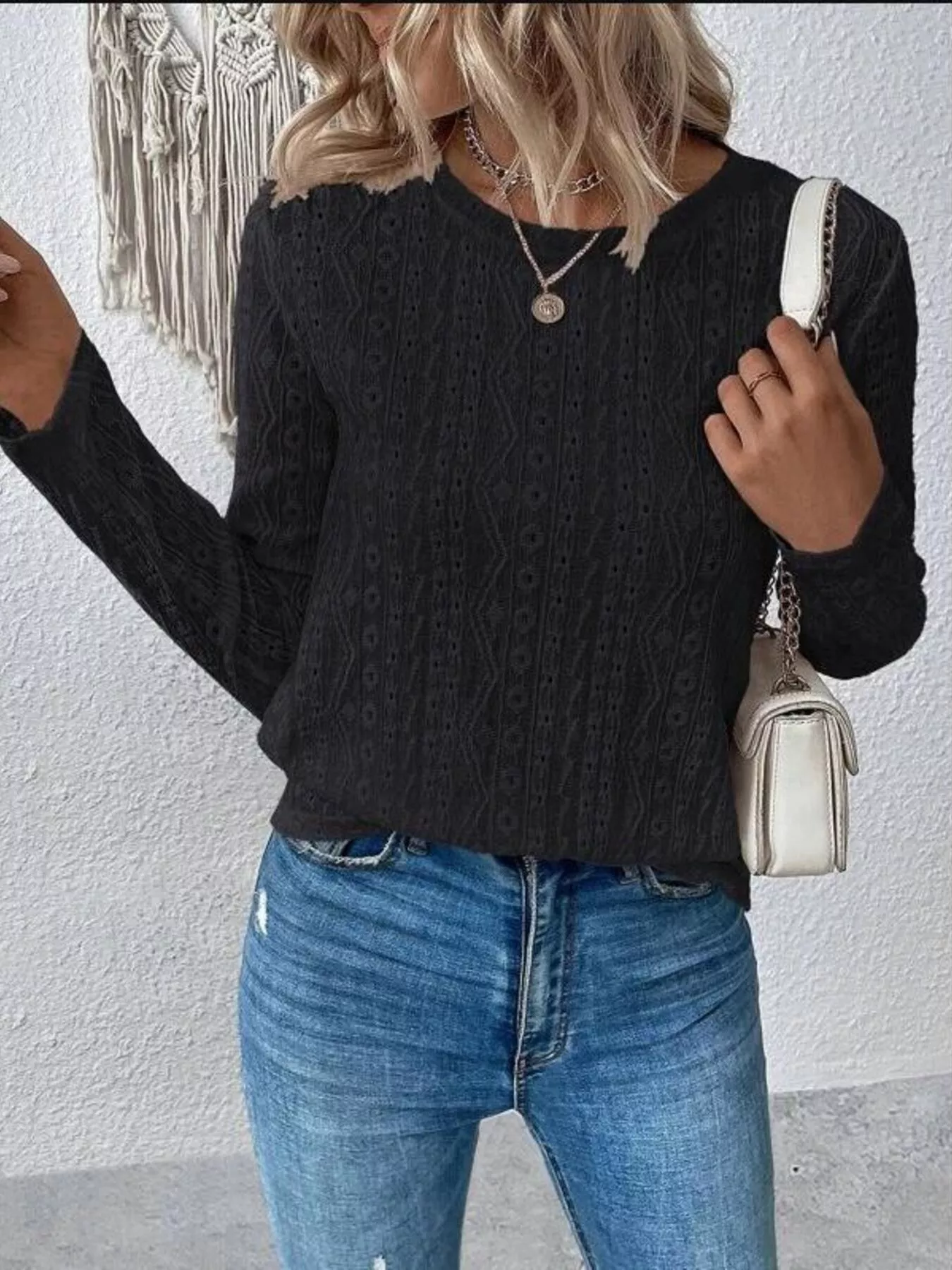 Full Size Eyelet Round Neck Long Sleeve Blouse Plus Size - Image 8