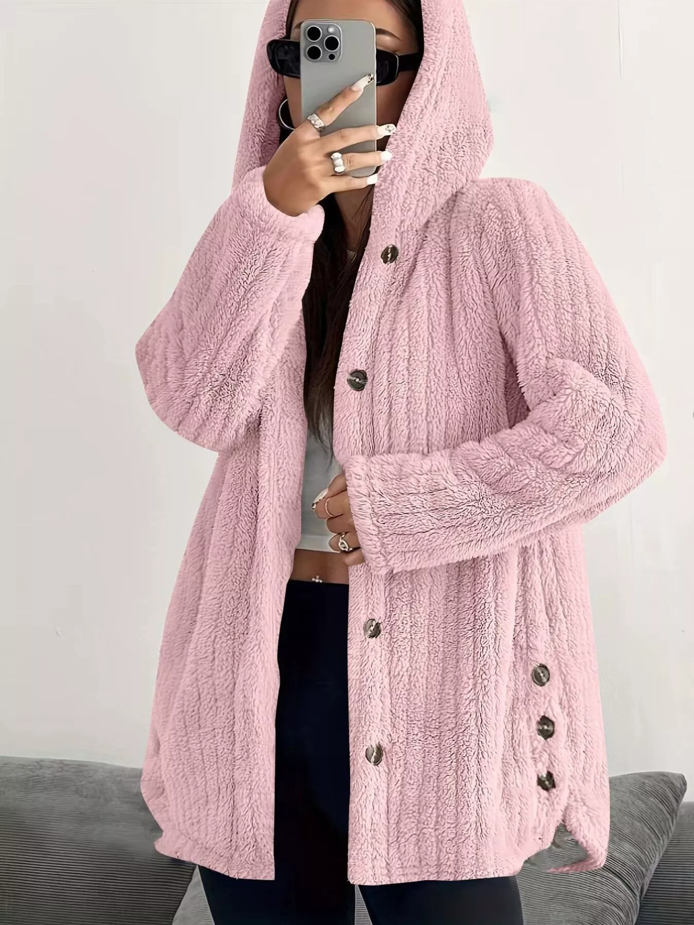 Full Size Fleece Button Up Hooded Outerwear Plus Size - Image 14